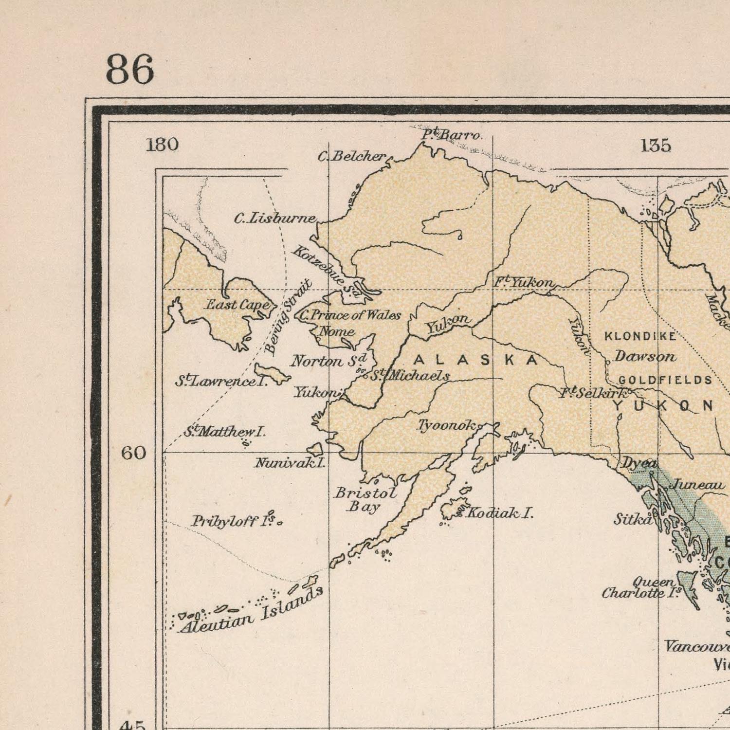 Vintage map of Alaska with labeled places and coordinates.