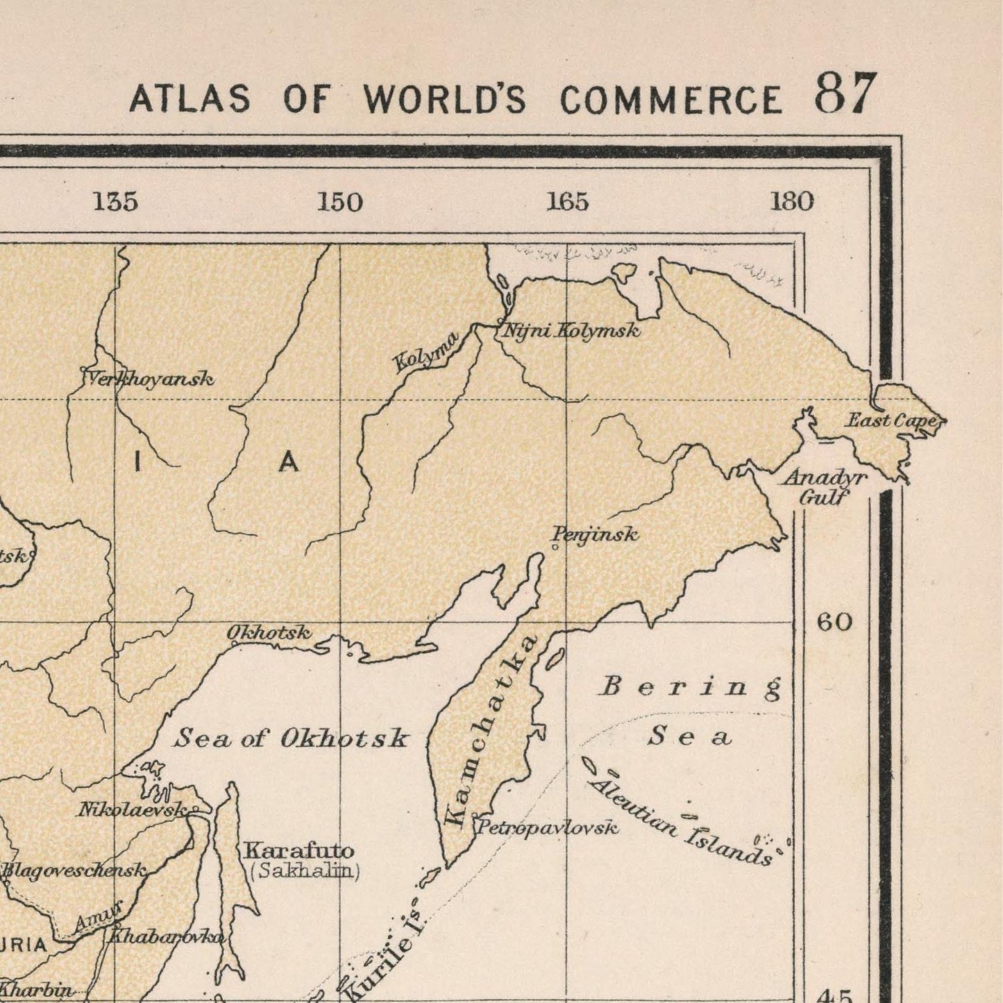 Vintage map of the region around the Sea of Okhotsk and Bering Sea, labeled 'Atlas of World's Commerce 87'.