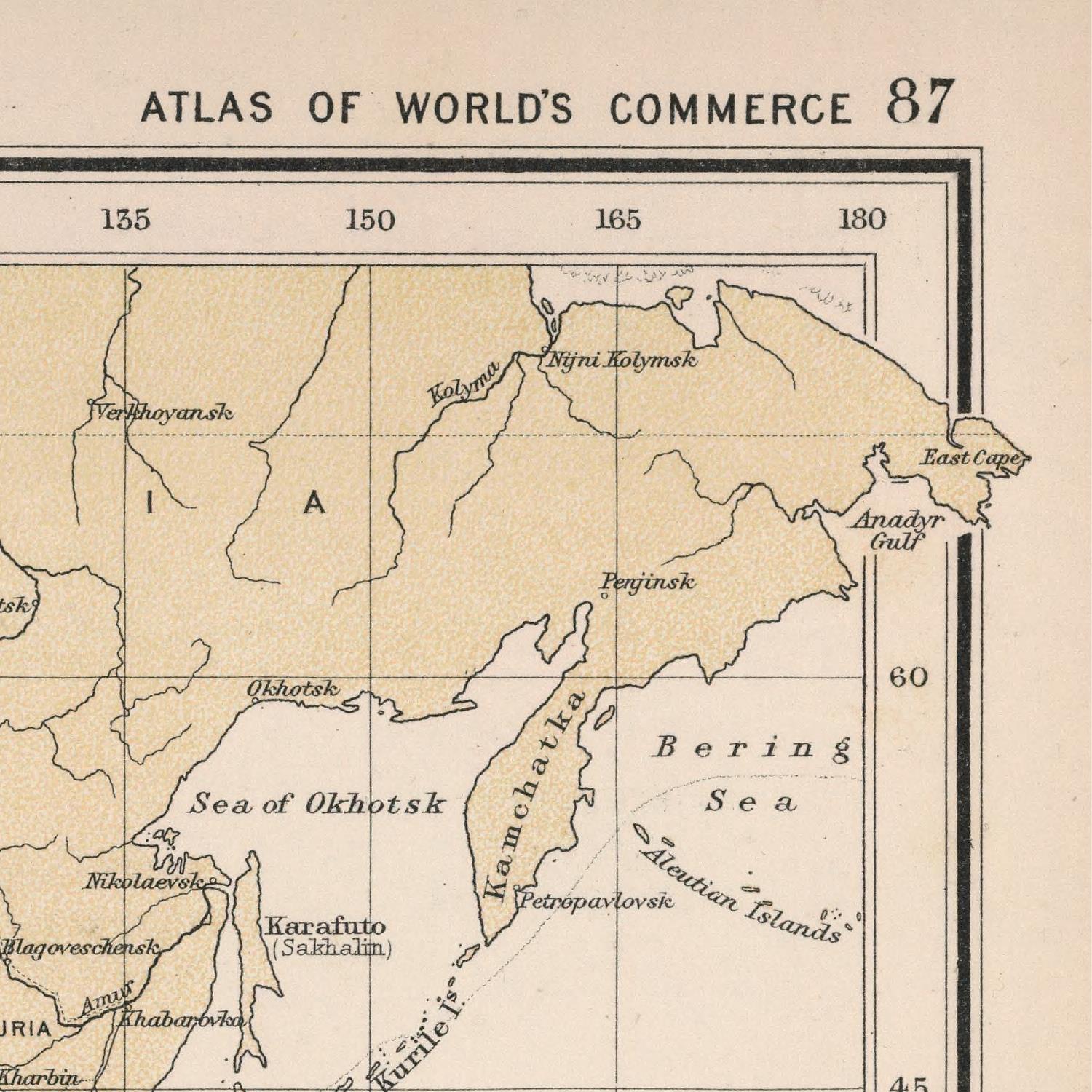 Vintage map of the region around the Sea of Okhotsk and Bering Sea, labeled 'Atlas of World's Commerce 87'.