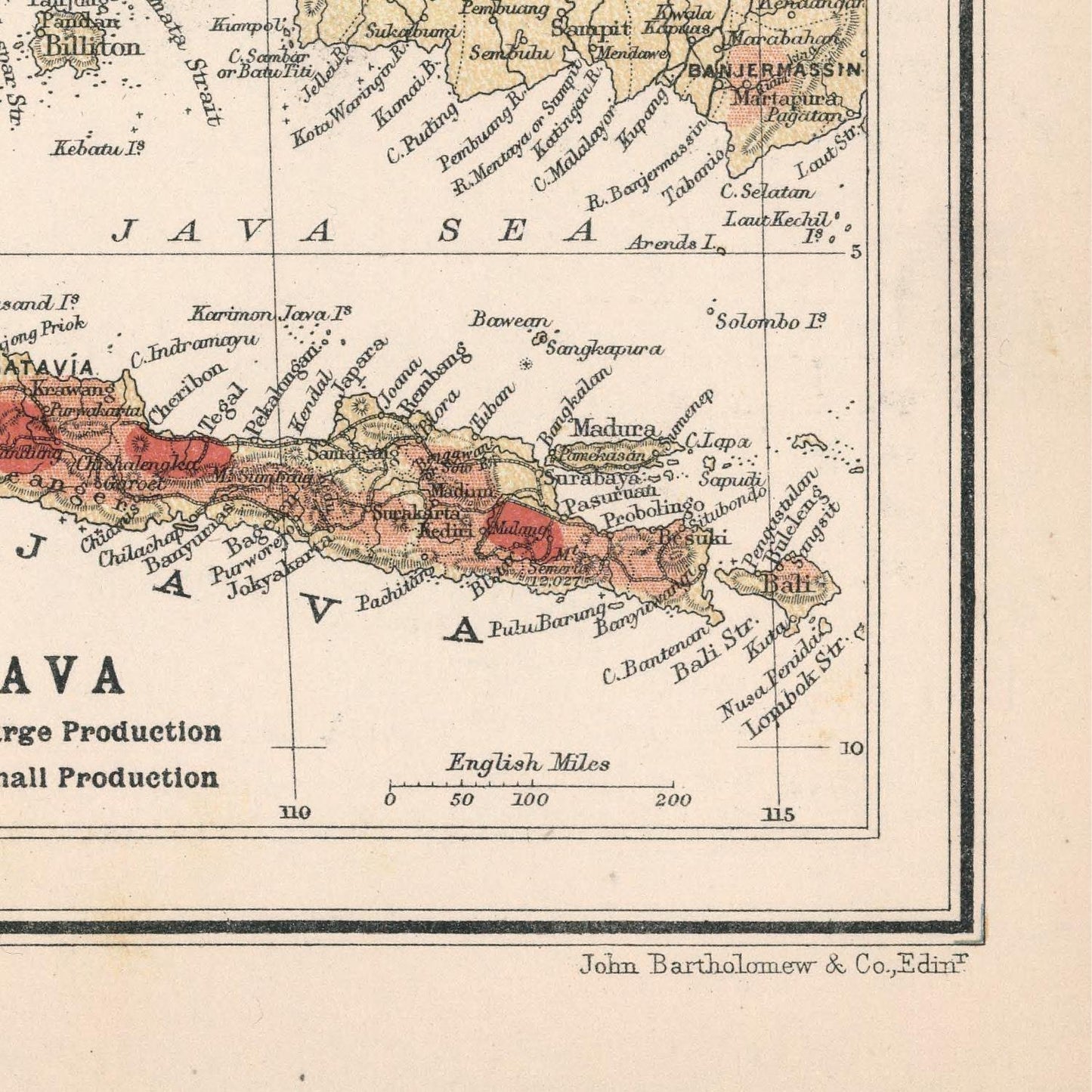 Vintage map of Java with labeled regions and distances.