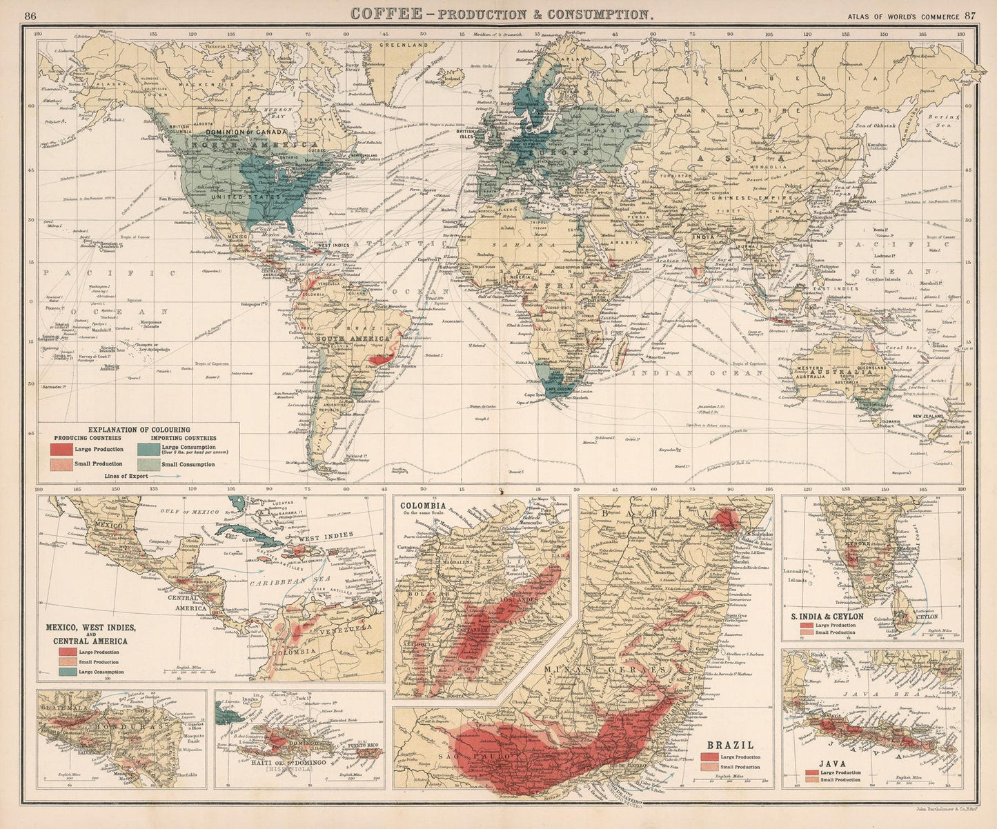 World map detailing coffee production and consumption with inset zooms on specific regions.