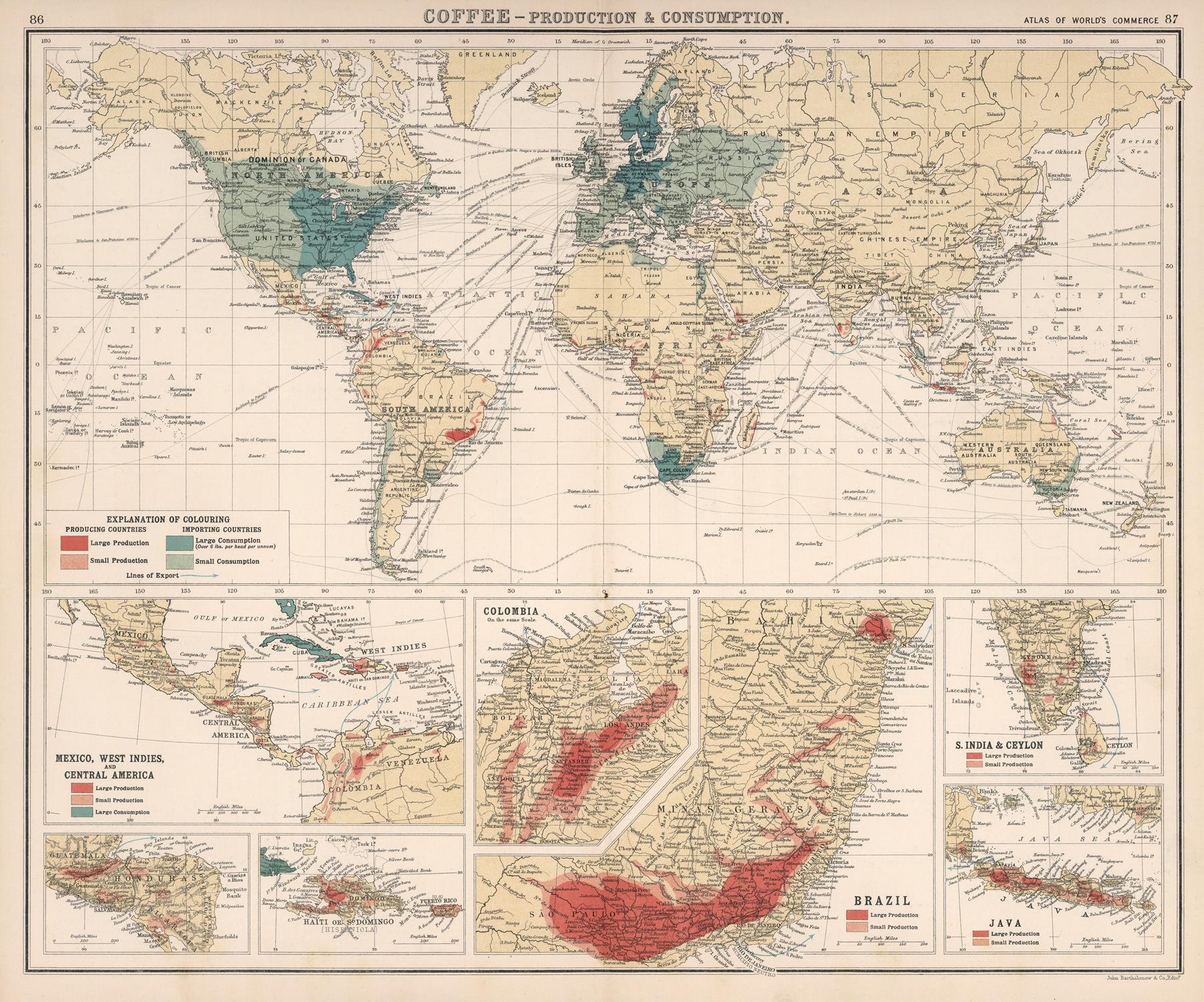 World map detailing coffee production and consumption with inset zooms on specific regions.