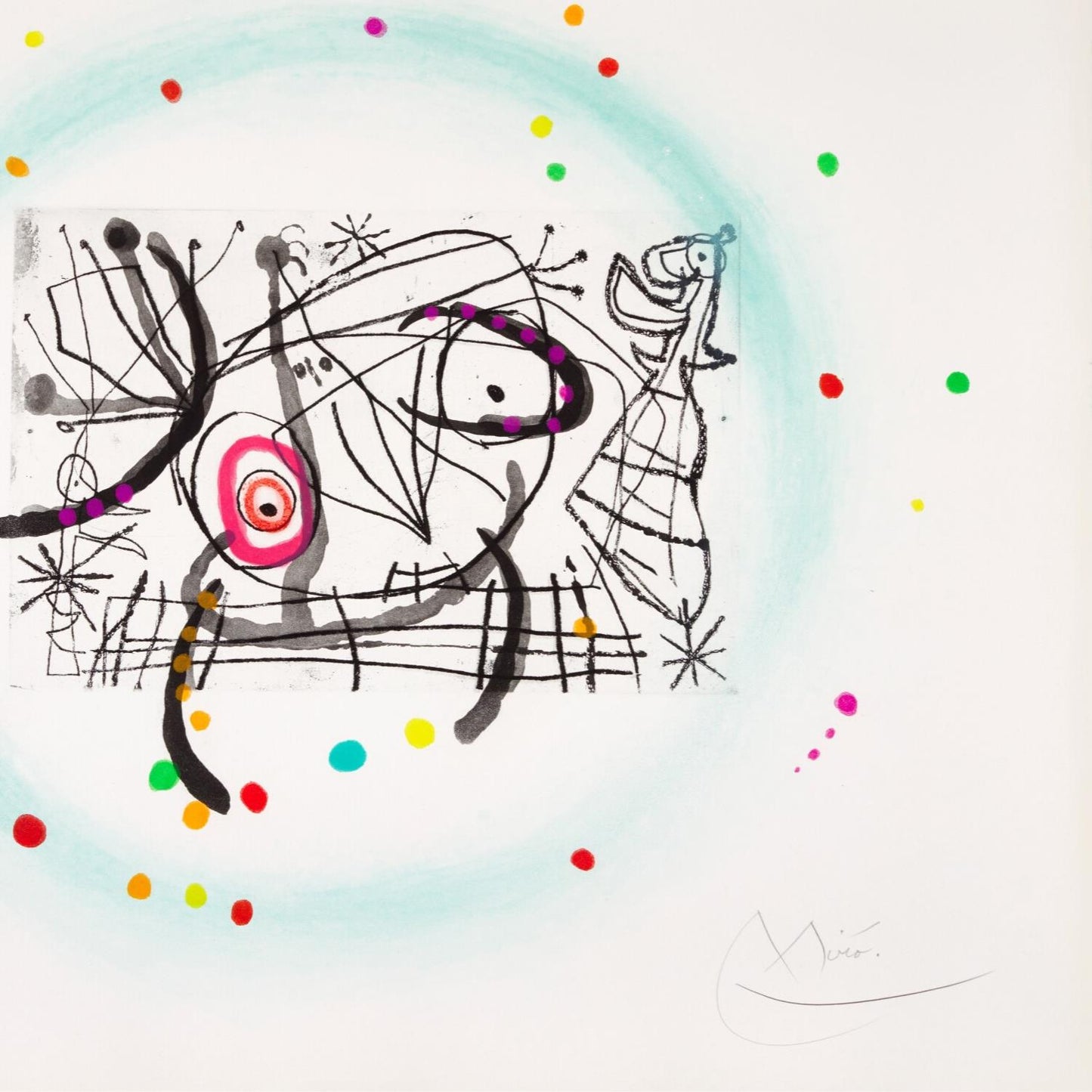 Abstract artwork with black, pink, and multicolored elements on a light blue background