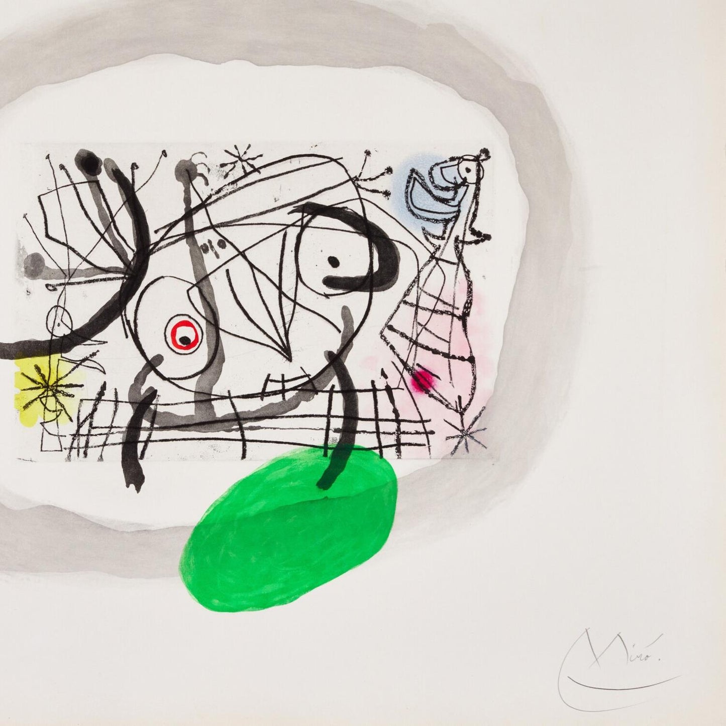Abstract artwork with black, white, green, and red elements on a white background