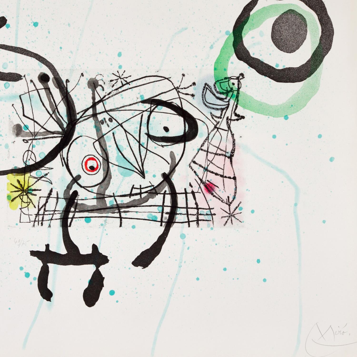 Abstract artwork with black, green, and red elements on a light blue background