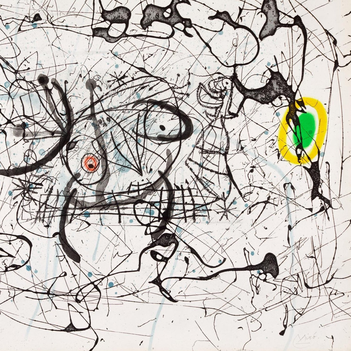 Abstract artwork with black, yellow, and green elements on a white background