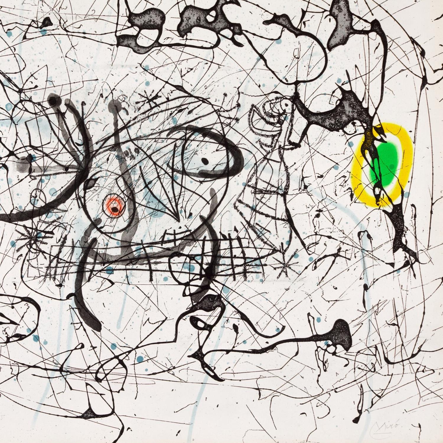 Abstract artwork with black, yellow, and green elements on a white background