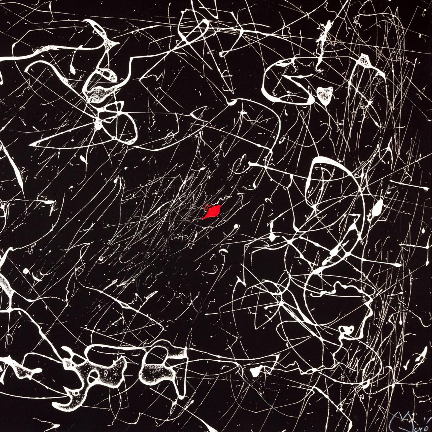 Abstract artwork with white lines on a black background, featuring a red triangle.