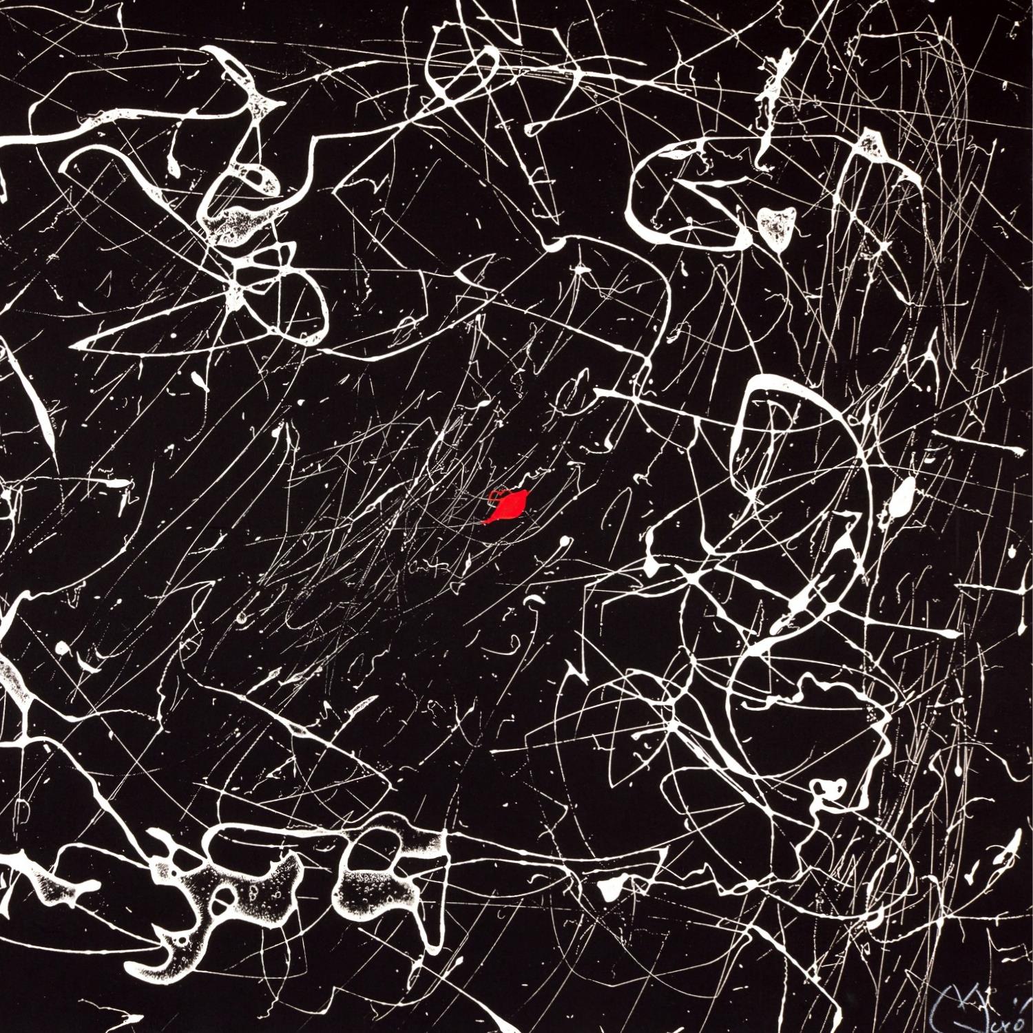 Abstract artwork with white lines on a black background, featuring a red triangle.