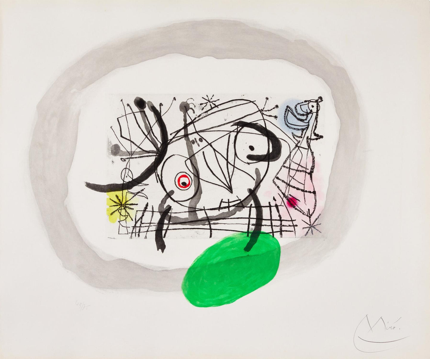 Abstract artwork with black lines, a green circle, and a red dot on a white background