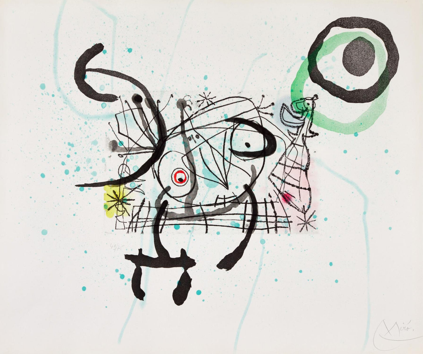 Abstract artwork with black, green, and red elements on a white background