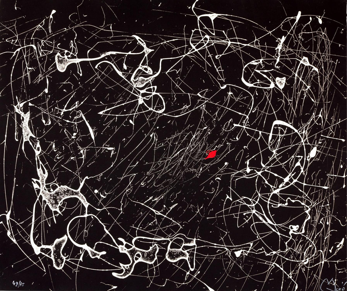 Abstract artwork with white lines on a black background, featuring a red dot.