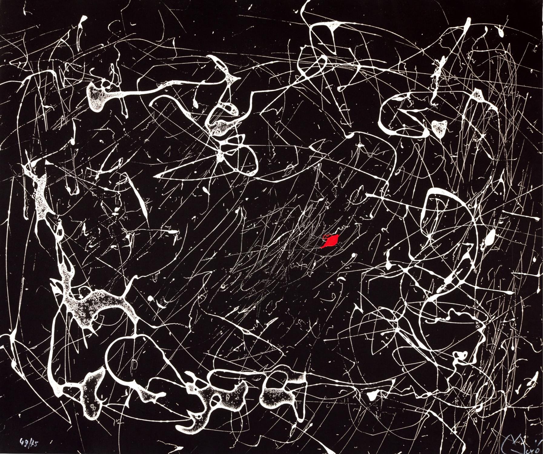 Abstract artwork with white lines on a black background, featuring a red dot.