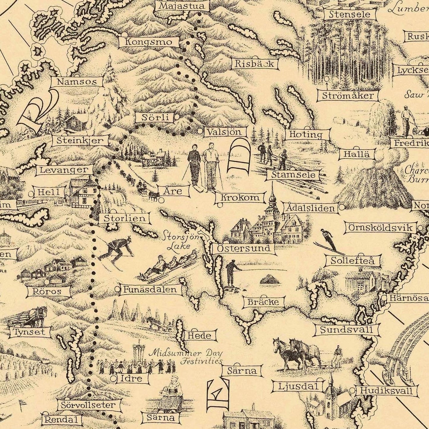 Vintage map of a region with various locations labeled