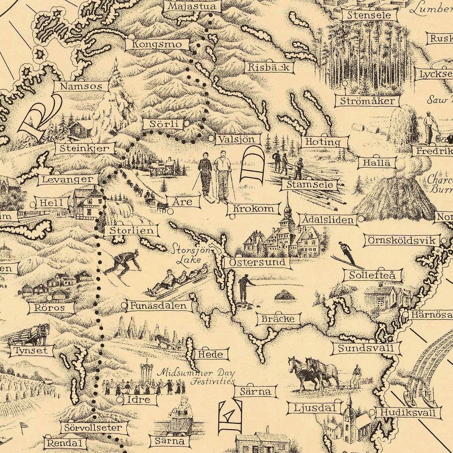 Vintage map of a region with various locations labeled