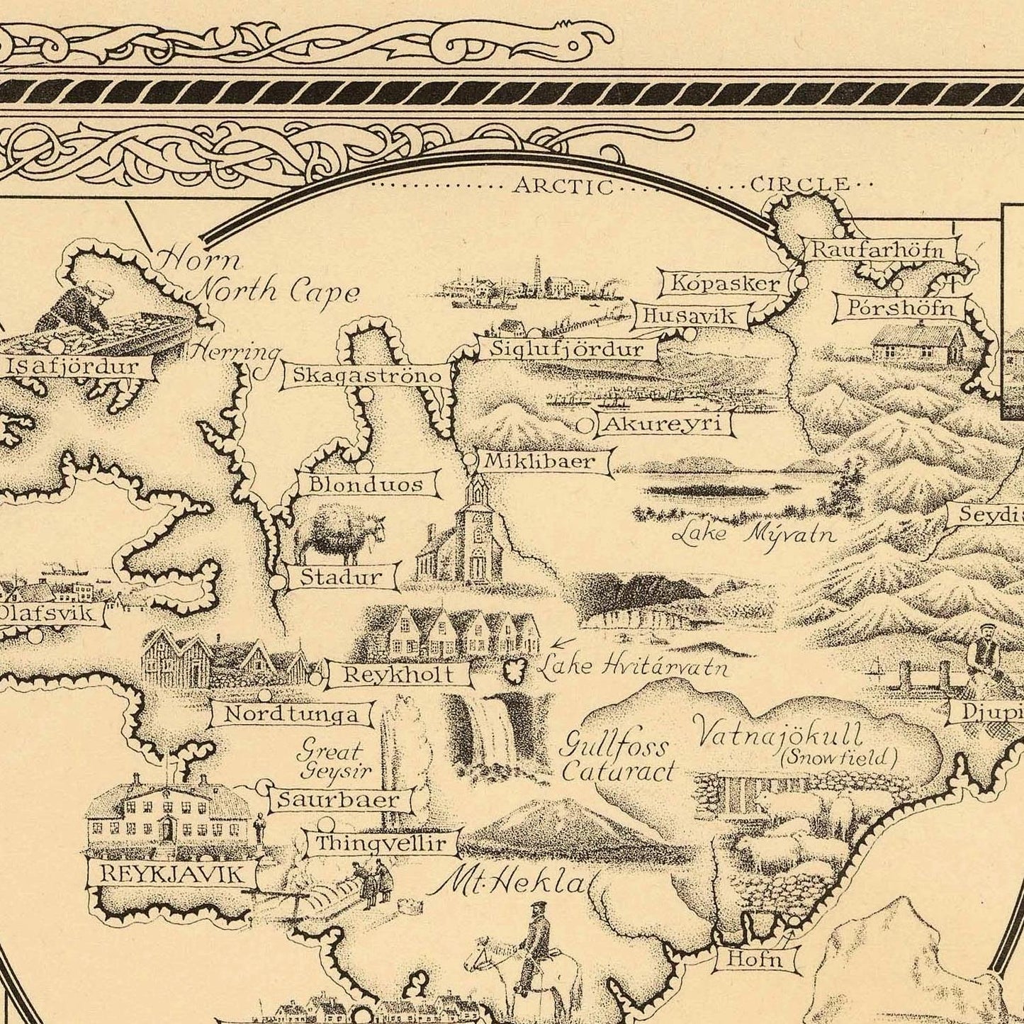 Vintage map of Iceland with labeled places and illustrations