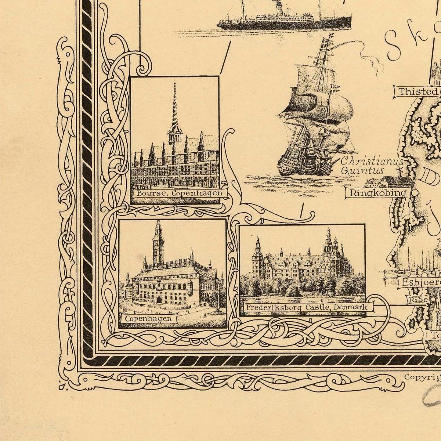 Vintage-style map with illustrations of ships and buildings on a beige background