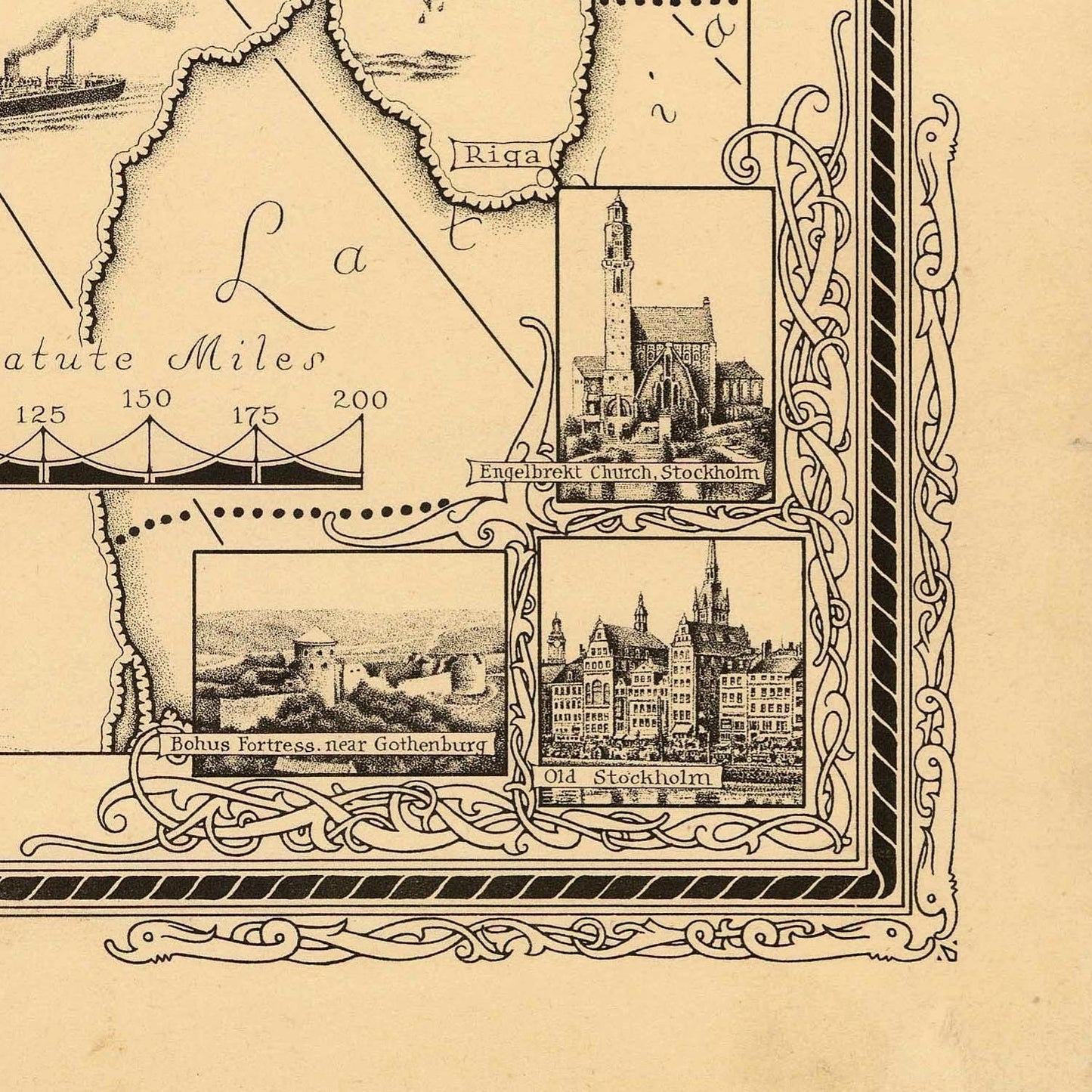 Vintage-style map with illustrations of landmarks and decorative elements on a beige background