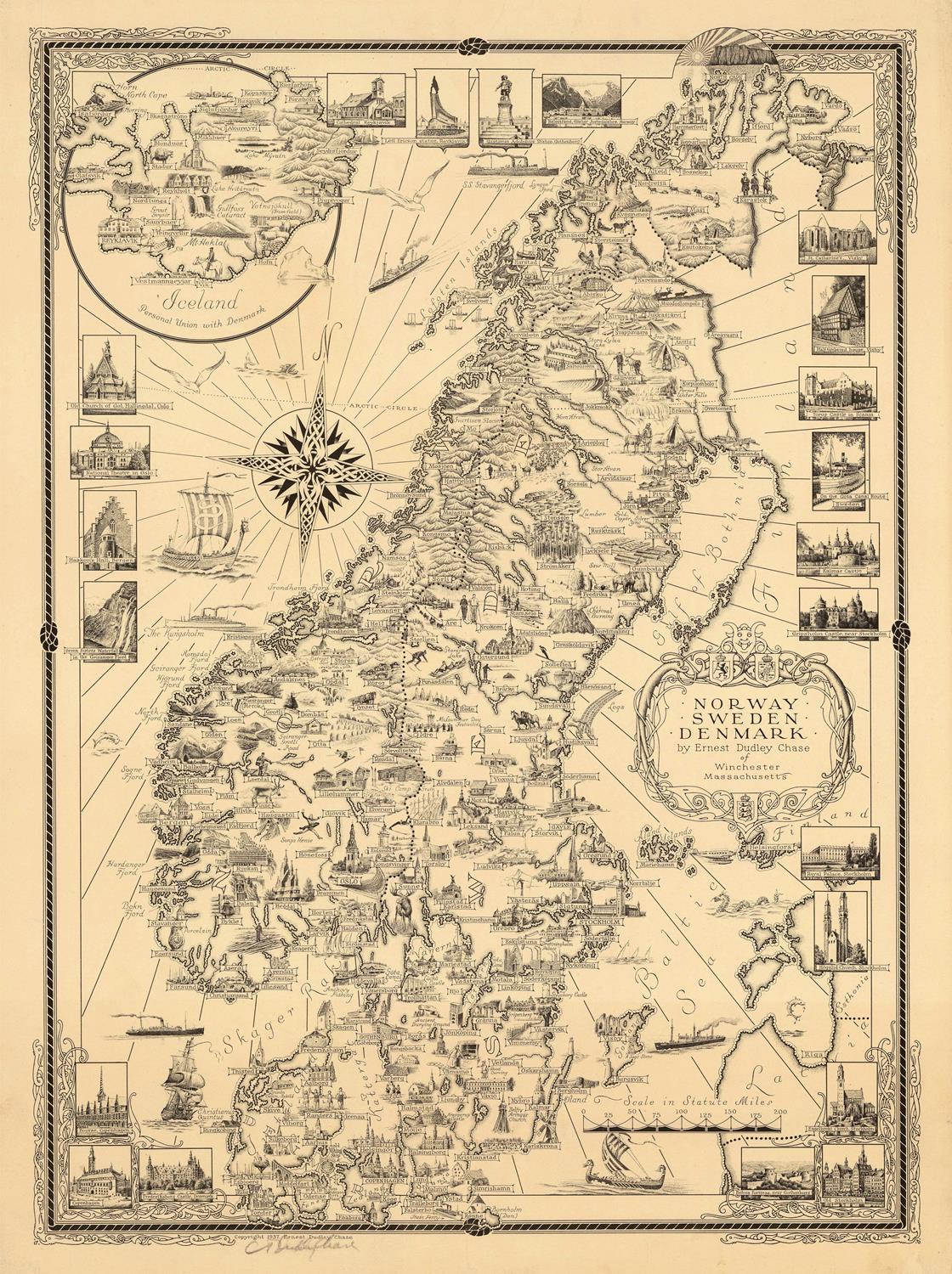 Vintage map of Norway and Sweden with illustrations along the coast