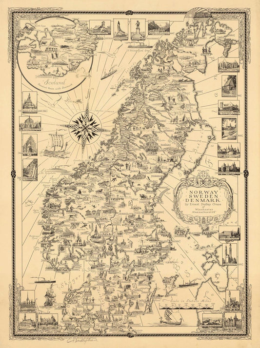 Vintage map of Norway and Sweden with illustrations along the coast