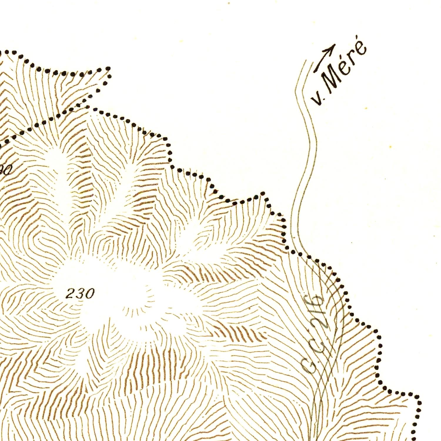 Topographic map with contour lines and a labeled stream on a white background