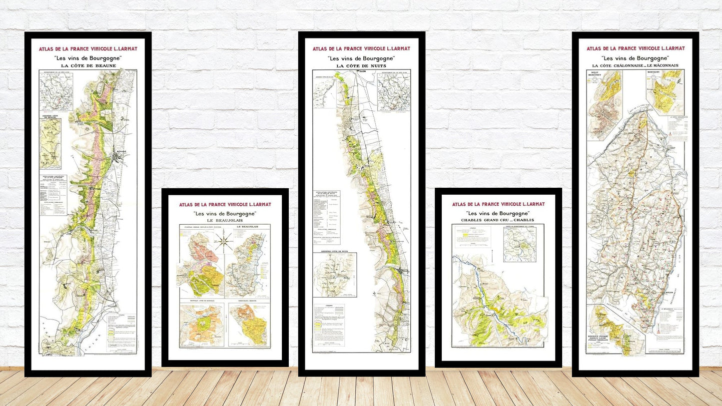 Set of framed maps on a wooden floor with white wall background
