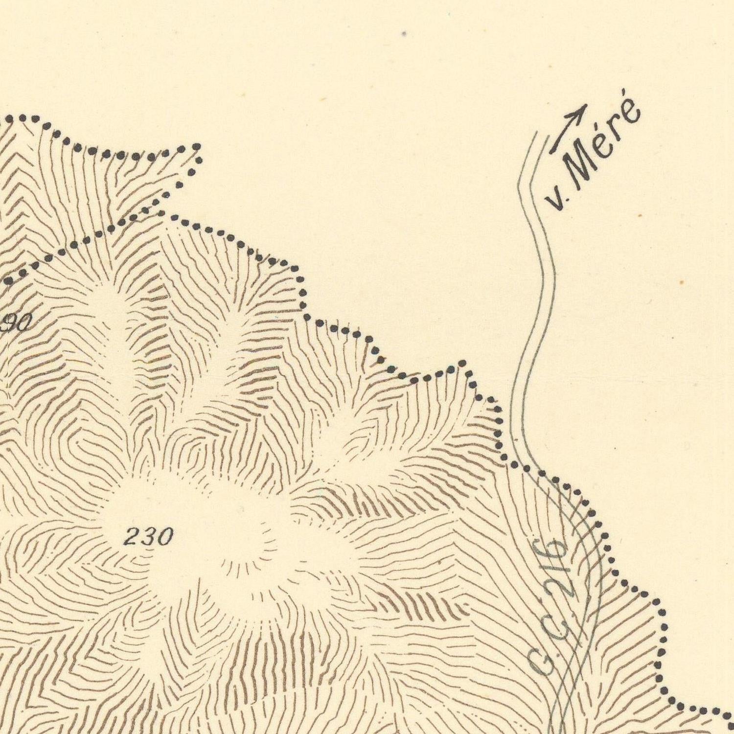Topographic map with contour lines and a stream labeled 'v. Méré' on a beige background