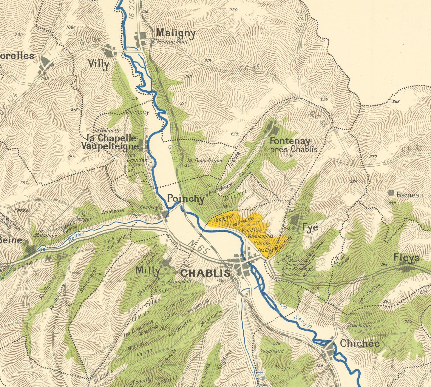 Map of a region with various locations labeled, featuring green areas and a river.