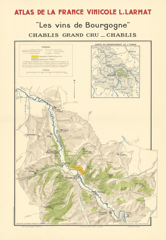 Map of Chablis Grand Cru in Burgundy, France from Atlas de la France Vinicole L. Larmat.