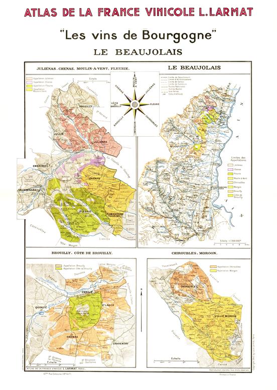 Map of Beaujolais wine regions with color coding and a compass, from Atlas de la France Vinicole Larmat.