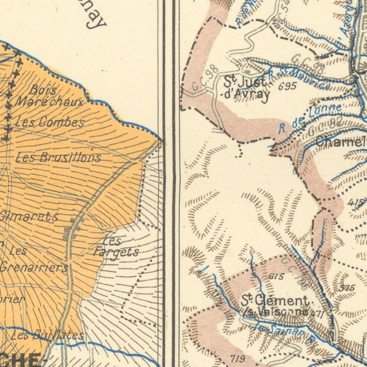 Vintage map section with labeled geographical features and distances.