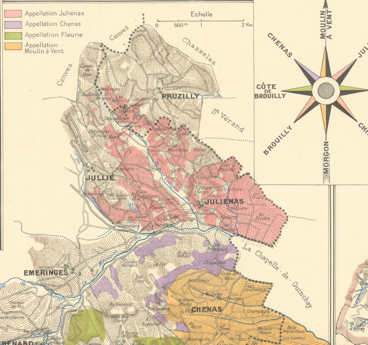 Map of vineyard appellations with color coding on a beige background