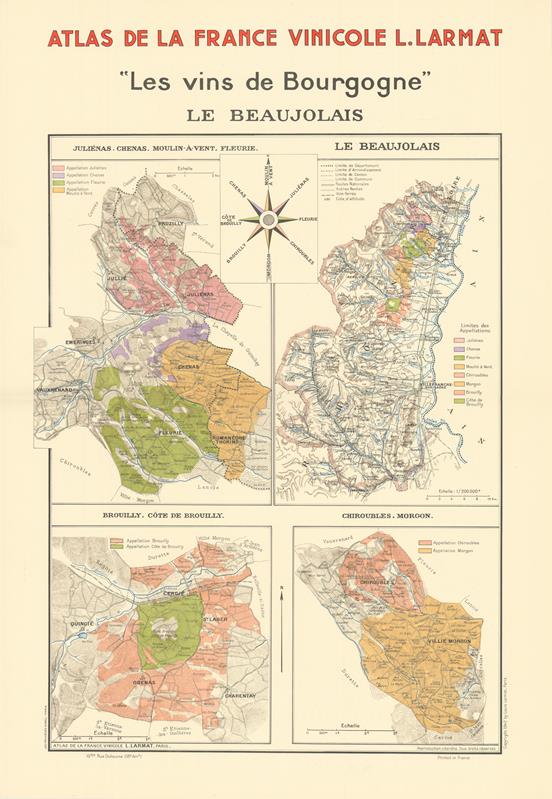 Vintage map of French wine regions with color-coded areas, featuring text and a compass.