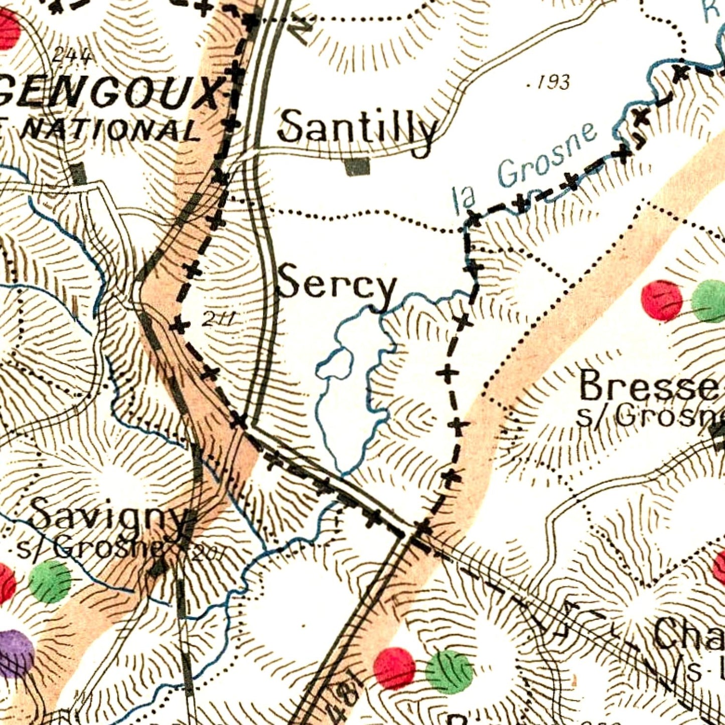 Map excerpt showing towns like Sercy, Santilly, and Bresse with topographic lines and labels.