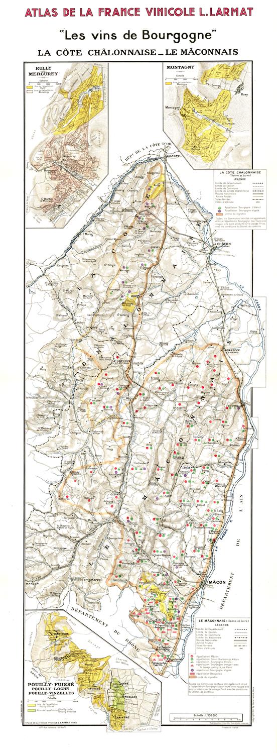 Map of Burgundy wine regions with color coding, from Atlas de la France Viticole Larmat.