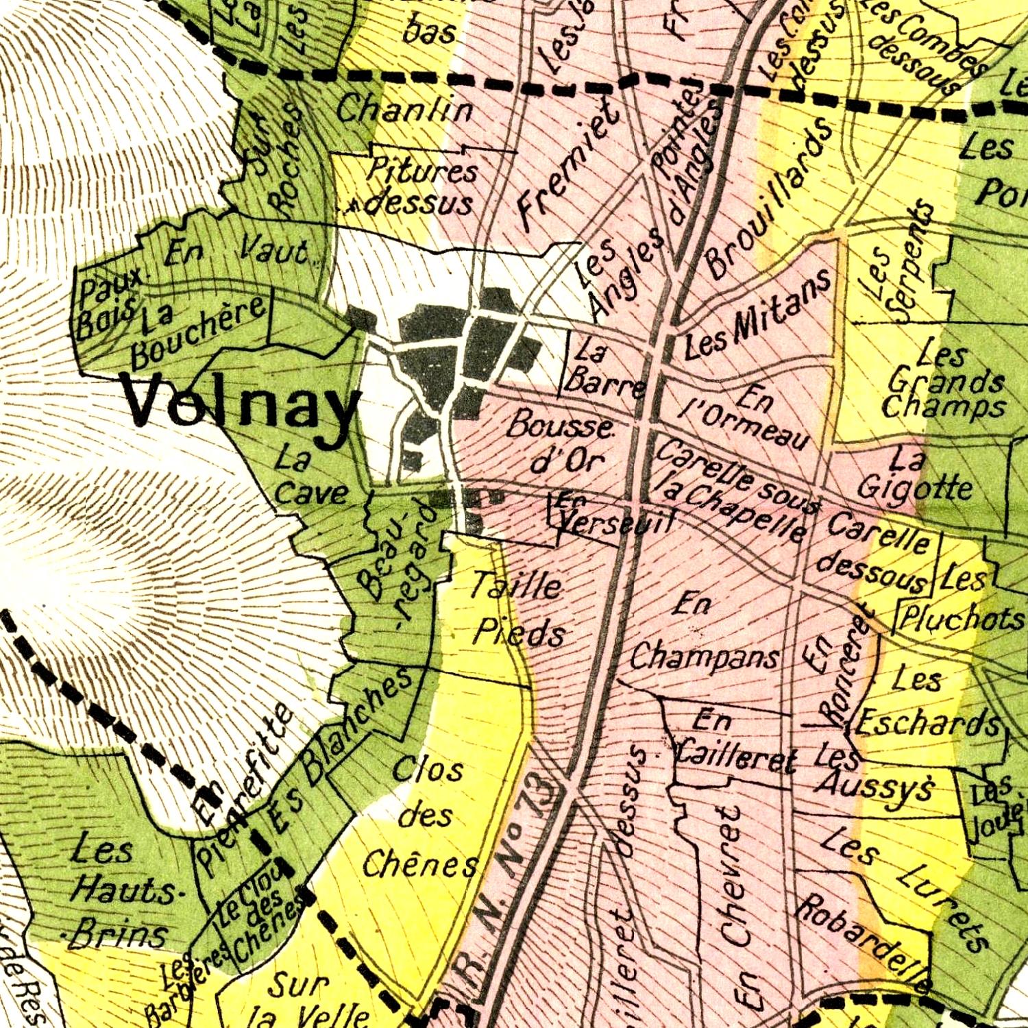 Old map of Volnay with labeled regions and boundaries