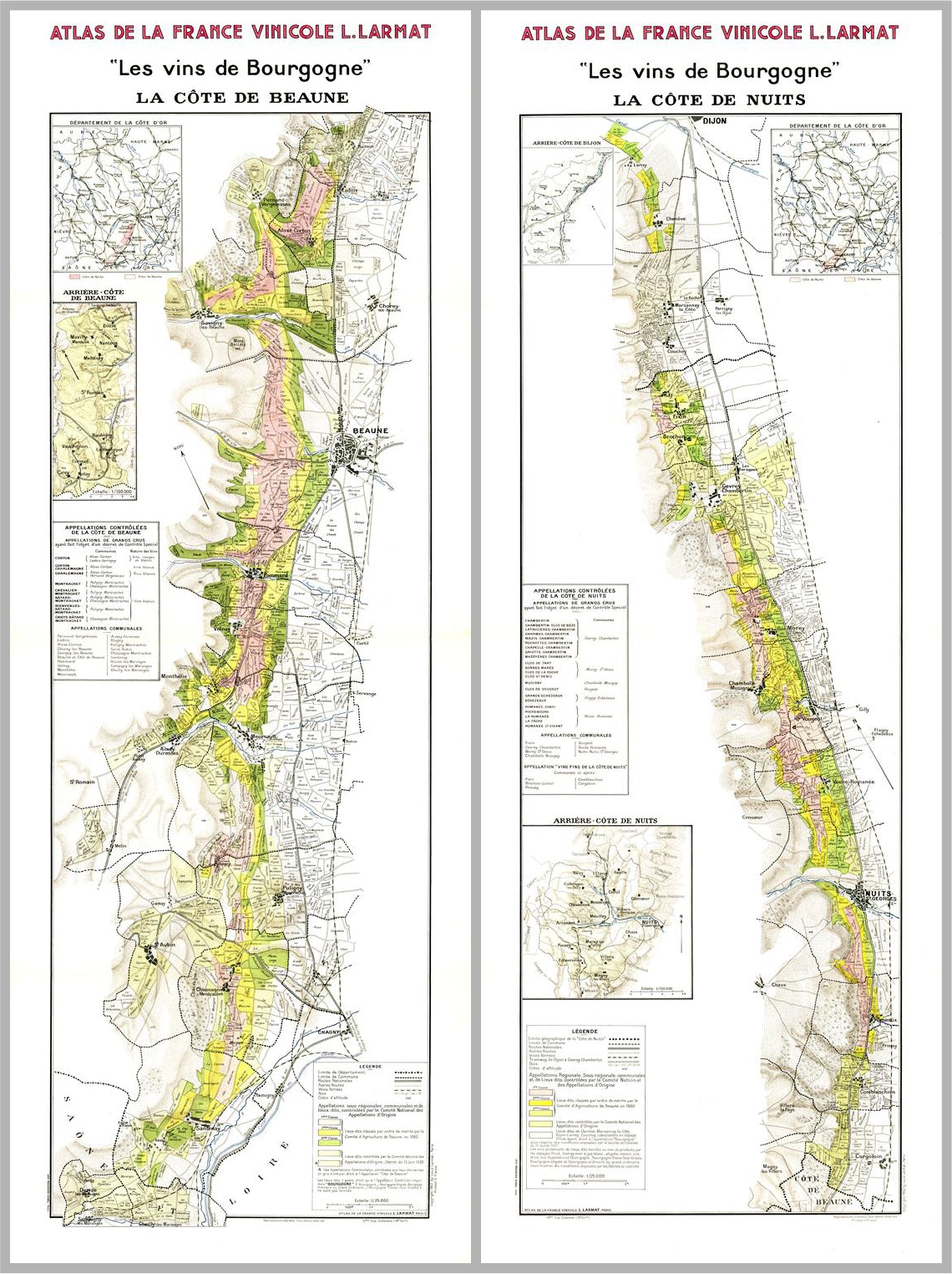 Two maps of Burgundy wine regions with colorful labels on a white background.