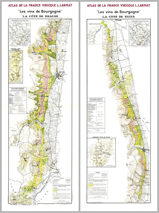 Two maps of Burgundy wine regions with colorful labels on a white background.