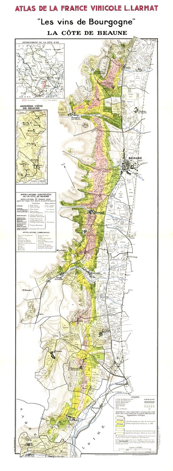 Map of Burgundy wine regions with color coding on a white background