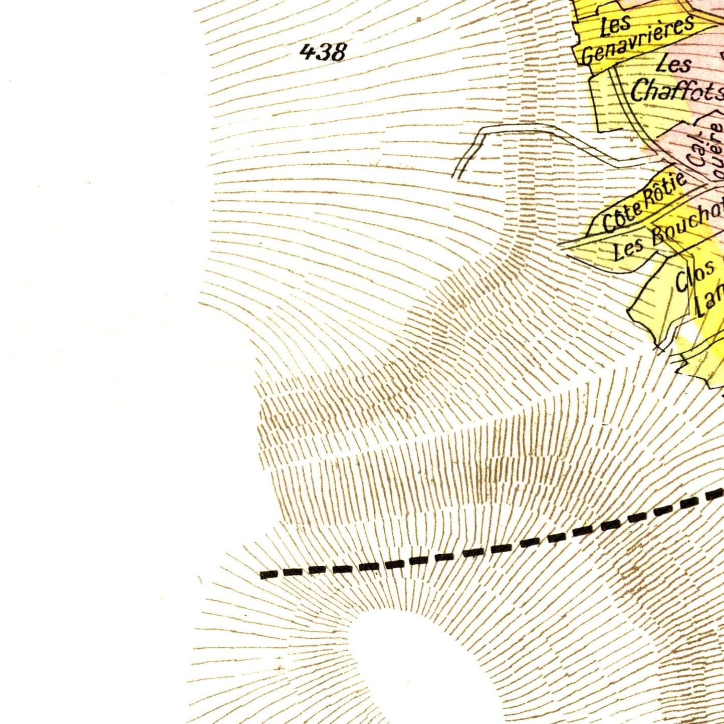 Section of a topographic map with labeled areas and contour lines.
