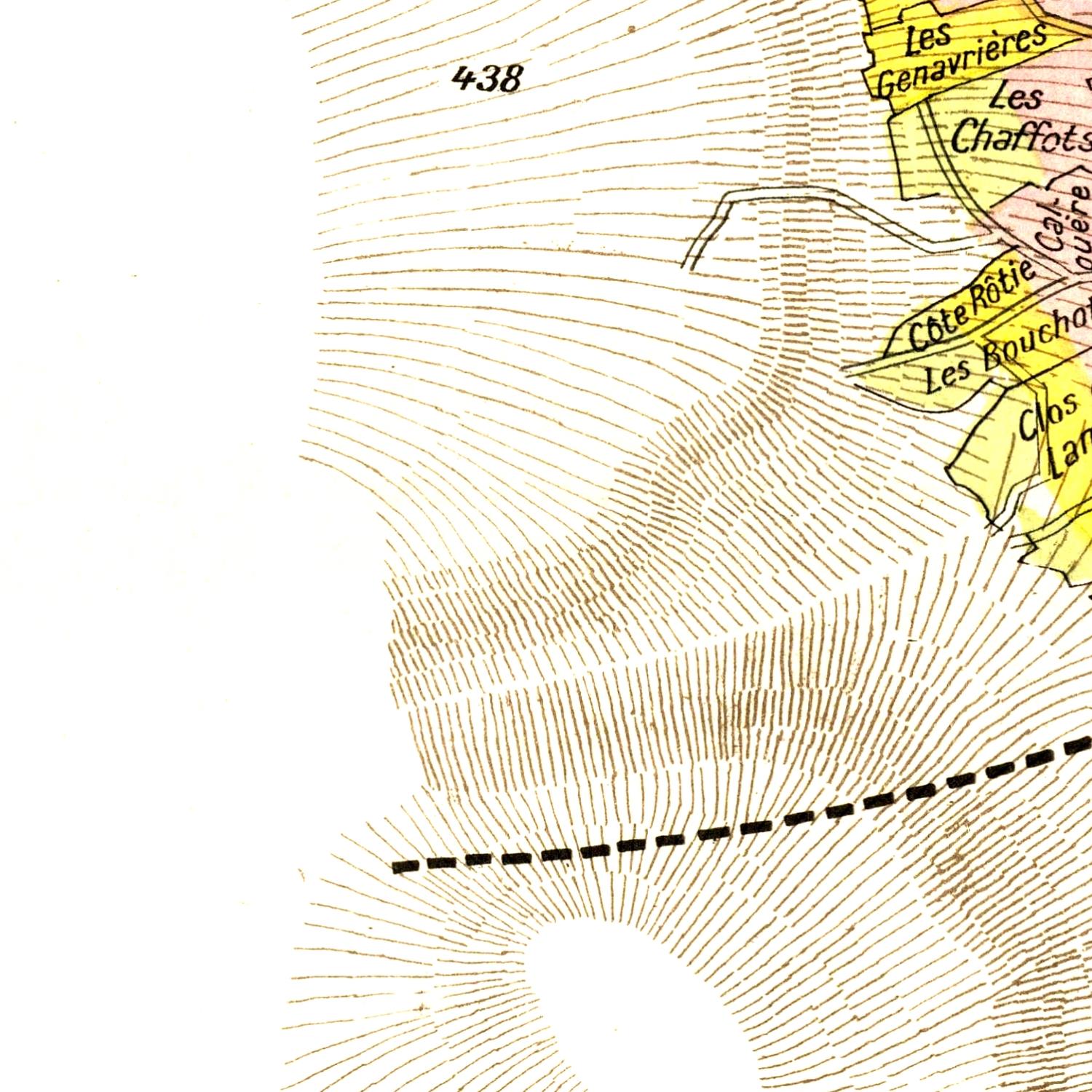 Section of a topographic map with labeled areas and contour lines.