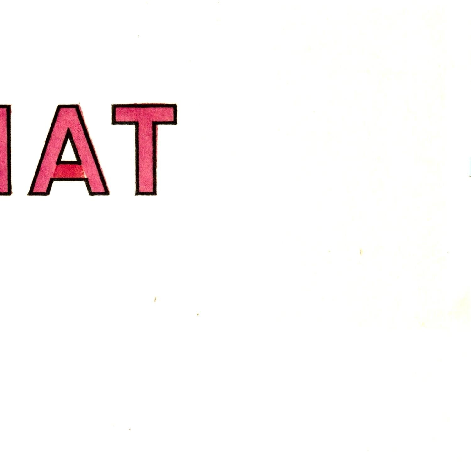 Partial view of a word with pink letters on a white background