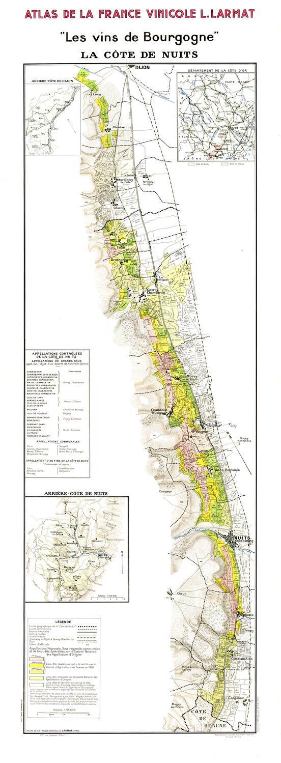 Map of Burgundy wine regions with color-coded areas, from 'Atlas des Vins de la France Viticole' by L. Larmit.