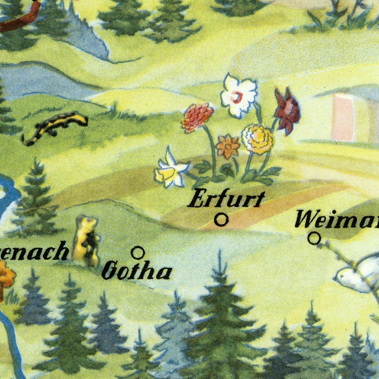 Map with locations labeled 'Erfurt', 'Weimar', 'Gotha', and 'Enach' surrounded by trees and flowers.