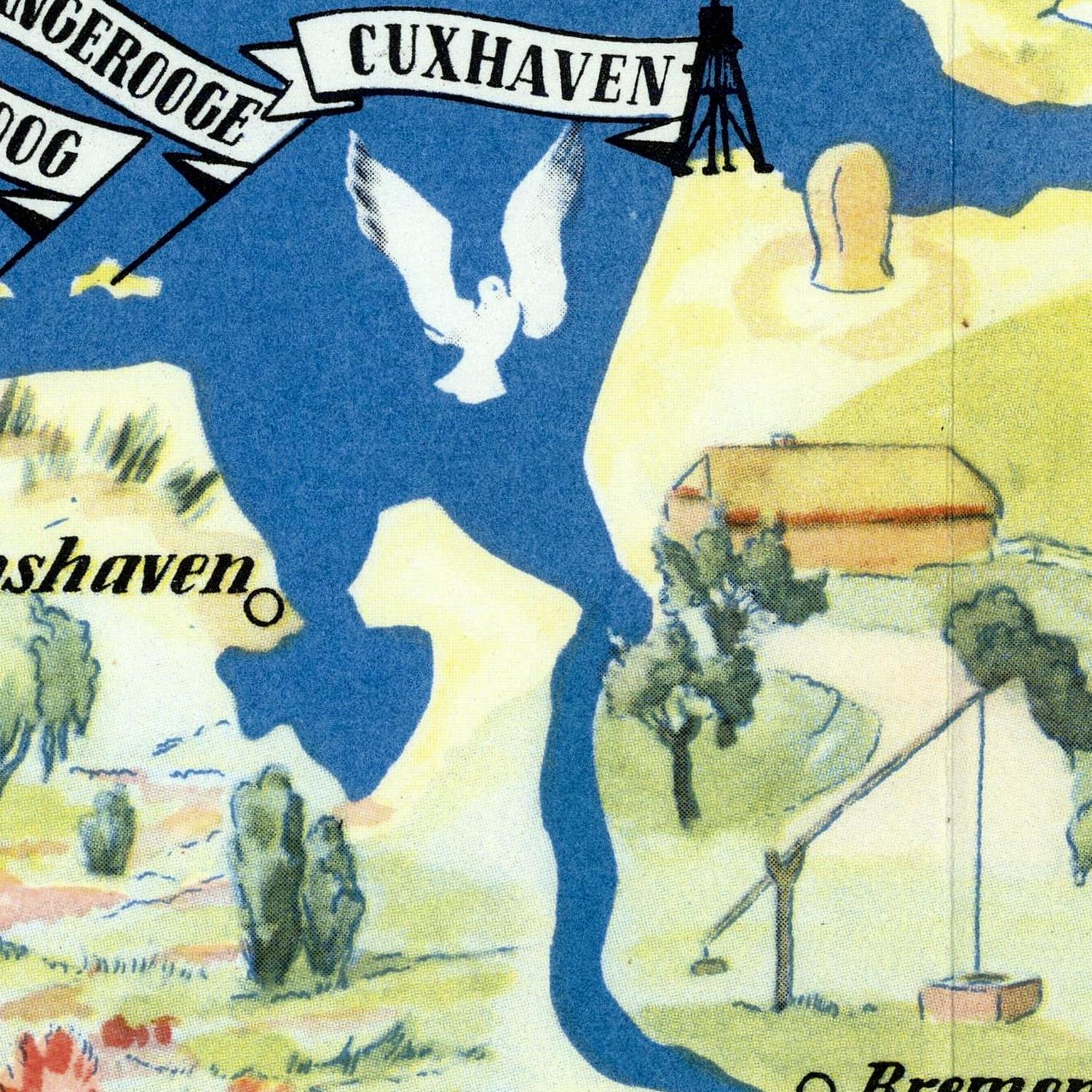 Vintage-style map of Cuxhaven with scenic illustrations and text