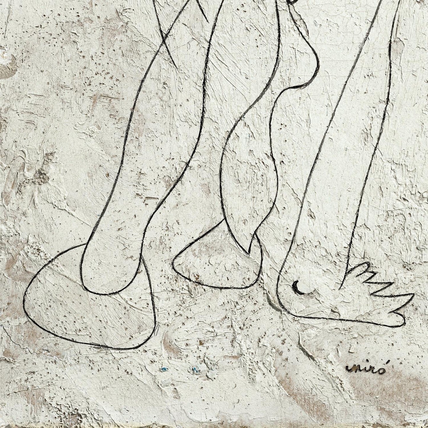 Abstract artwork with wavy lines on a textured beige background, signed 'Miró'.