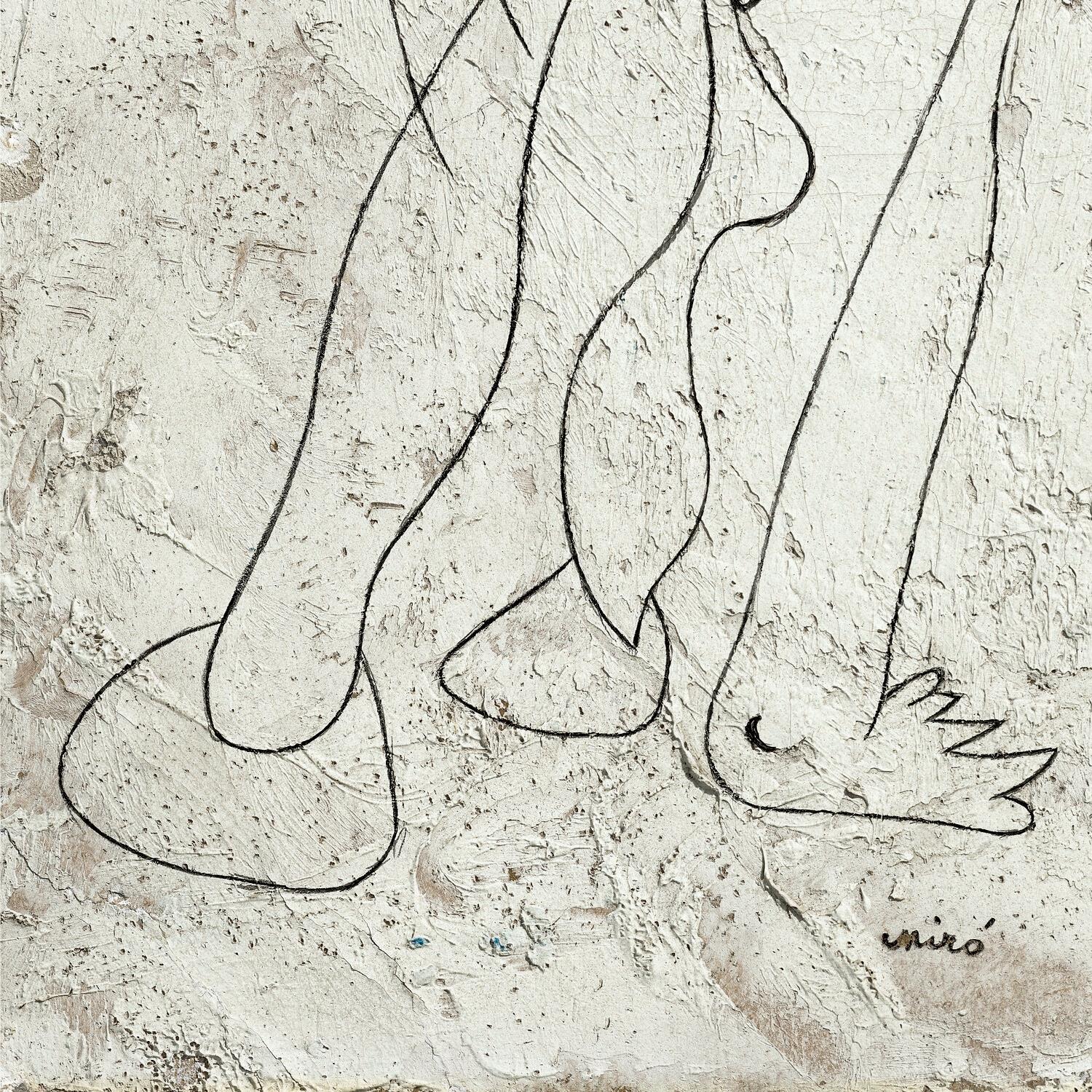 Abstract artwork with wavy lines on a textured beige background, signed 'Miró'.