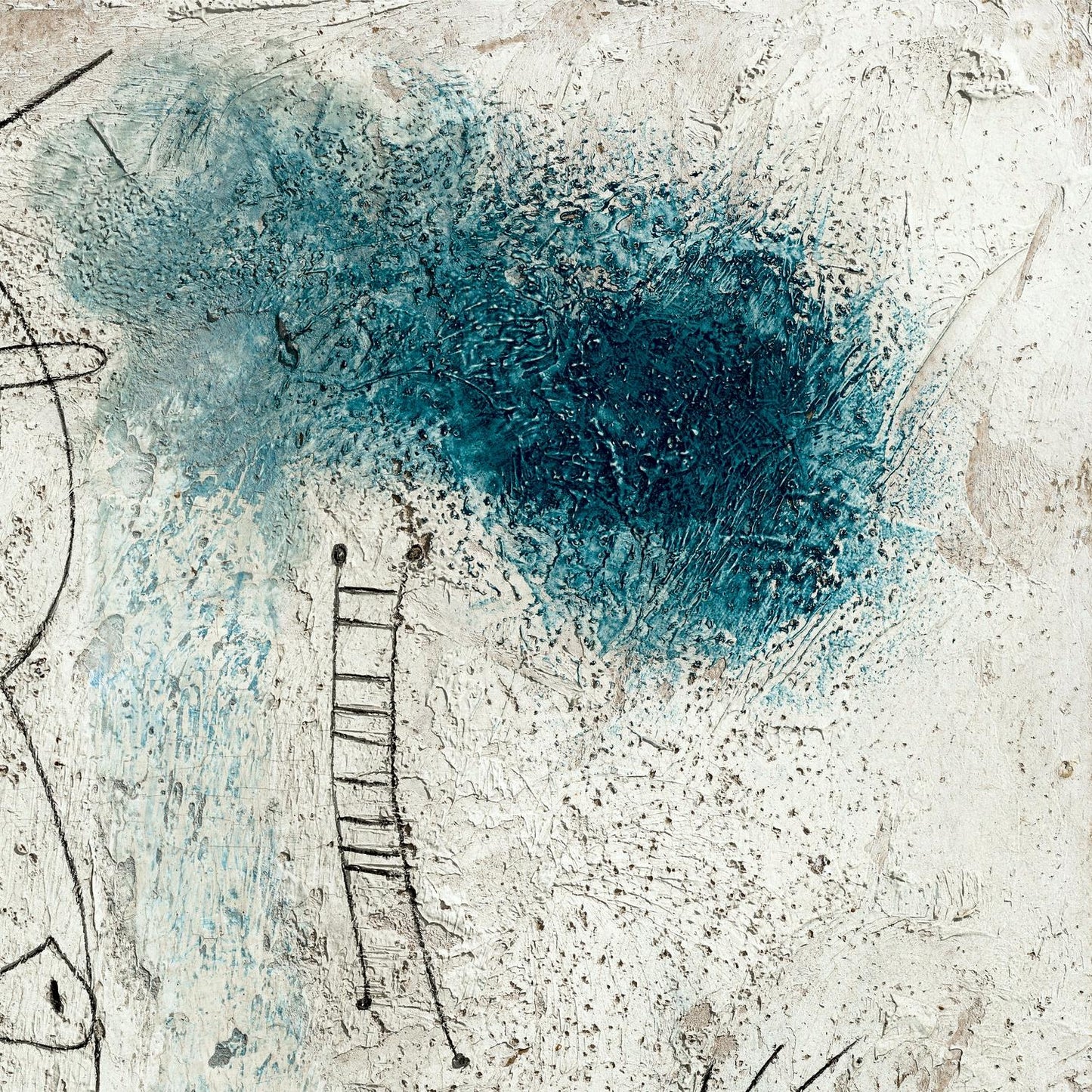 Abstract artwork with a blue circular shape and a ladder on a textured background