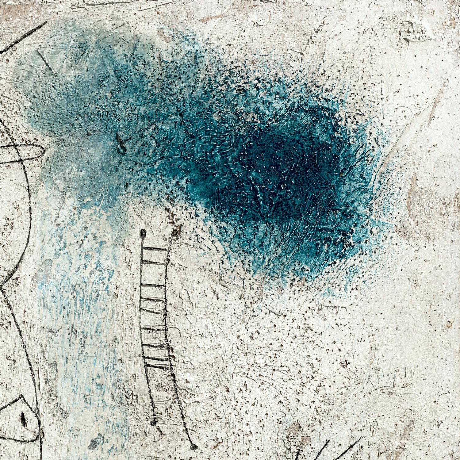 Abstract artwork with a blue circular shape and a ladder on a textured background