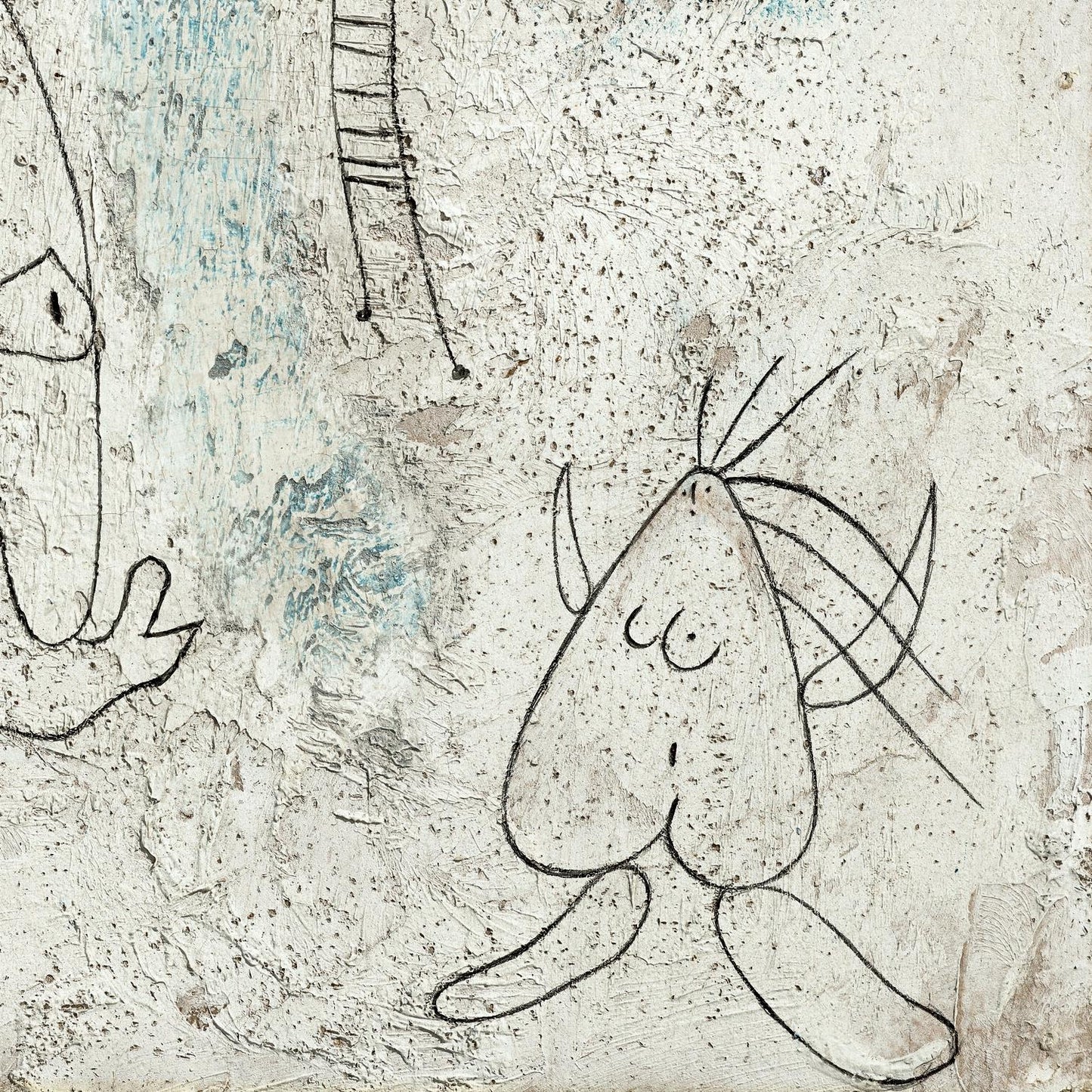 Abstract artwork with a stylized figure and geometric shapes on a textured background